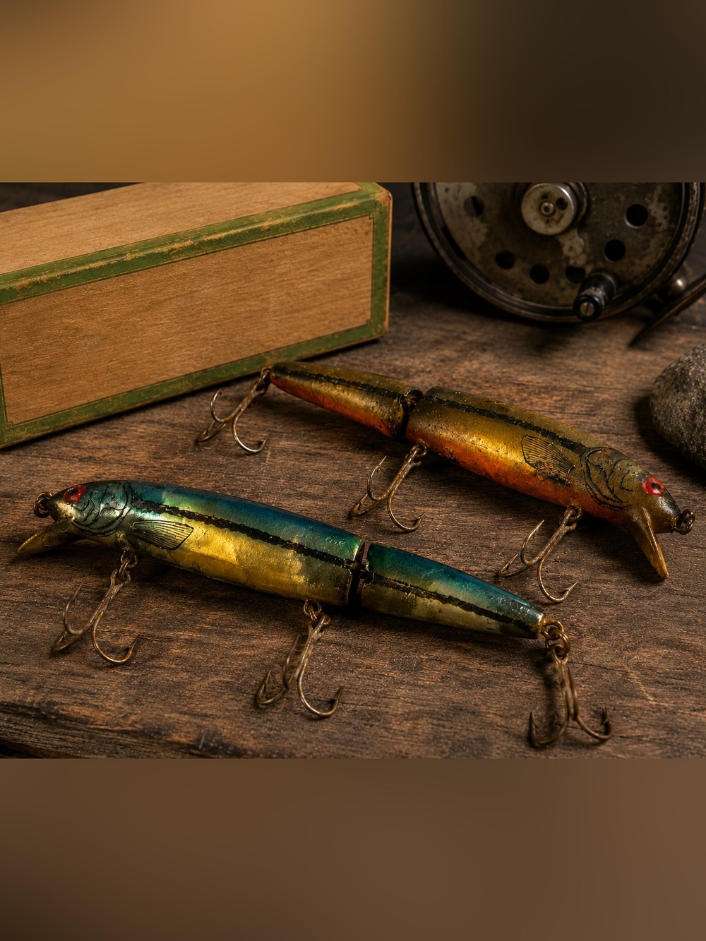 Vintage 4.5” Jointed Wooden Fishing Pair Glass Eye Pikie Lure Crankbaits